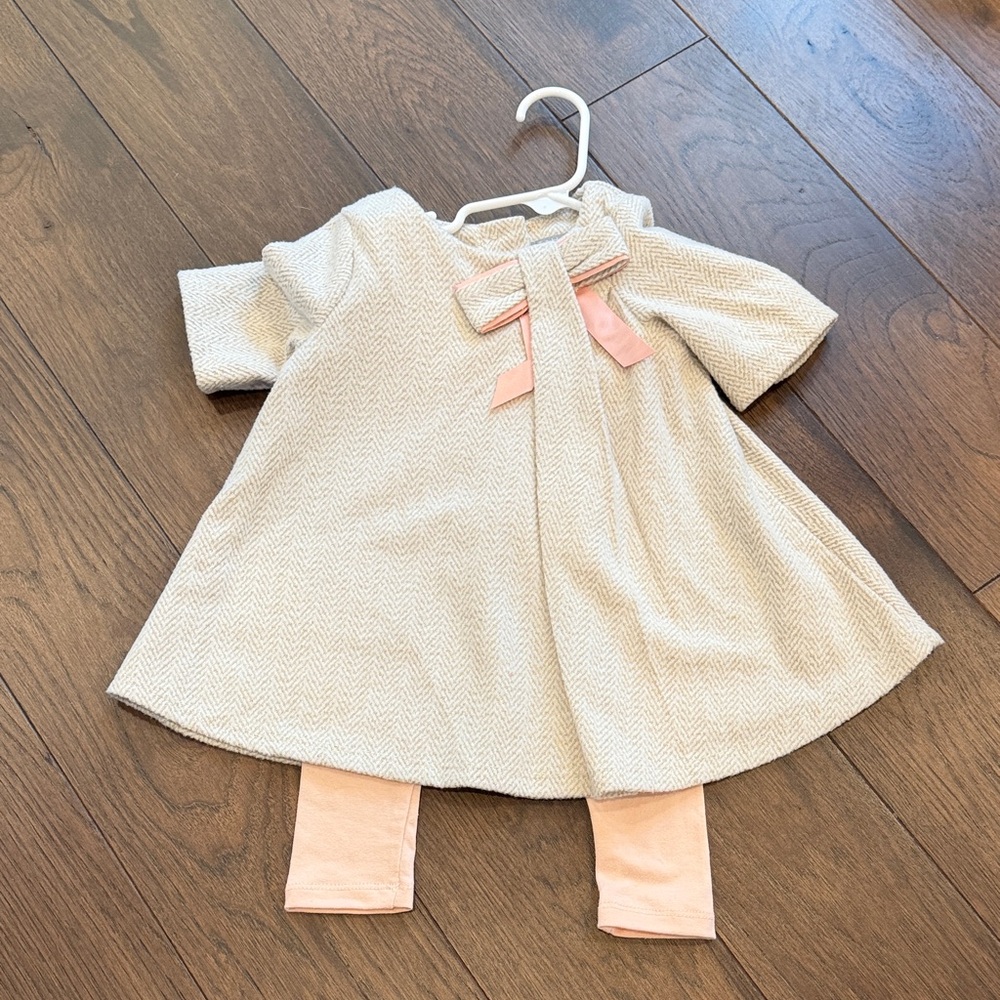 Tahari Baby Cream Dress with Pink Bow and Leggings 2T C8-004